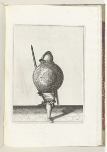 Kalkan ve Diken Egzersizi: Savunma Pozisyonunda Bir Ayağı Önde, Meç ve Kalkanı Dizde Vücudunun Önünde, Önden Görünüş (No. 22), 1618 Schilt, Spies, Rappier ve Targ