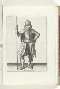 Kalkan ve Diken Egzersizi: Asker Dinleniyor, Elinde Diken ve Sırtta Kalkan (No. 1), 1618 Nassausche Wapen-Handelinge, van Schilt, Spies, Rappier ve Targe: beyde figuerlick betimlenmiş, yeni düzenden sonra çerçevelenmiş ( by Adam van Breen