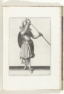 Kalkan ve Diken Egzersizi: Sağ El Başında ve Kalkan Arkada, Her İki Elinde Açılı Dikenli Asker (No. 3), 1618 Nassausche Wapen-Handelinge, van Schilt, Spies, Rappier ve Targe : beyde figuerlick tasviri, son by Adam van Breen