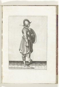 Kalkan ve Diken Alıştırması: Kalkanı Hazır ve Dikeni Yerde Sağ Ayağının Yanında Olan Asker (No. 17), 1618 Nassausche Wapen-Handelinge, van Schilt, Spies, Rappier ve Targe : beyde figuerlick betimlenmiş, yeniden sonra çerçevelenmiş