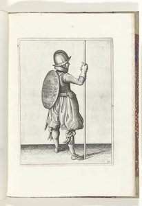 Kalkan ve Diken Alıştırması: Dikeni Yerde Sağ Ayağının Yanında Duran Asker (No. 30), 1618 Nassausche Wapen-Handelinge, van Schilt, Spies, Rappier ve Targe : beyde figuerlick betimlendi ve yeni düzenden sonra çerçevelendi by Adam van Breen