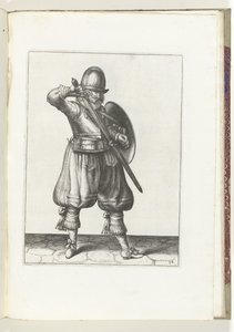 Kalkan ve Diken Alıştırması: Asker Mecini Kınalıyor (No. 24), 1618 Nassausche Wapen-Handelinge, van Schilt, Spies, Rappier ve Targe : beyde figuerlick betimlenmiş ve yeni düzenden sonra çerçevelenmiş (...) Maurits van