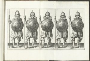 Kalkan ve Diken Alıştırması: Yere Dayalı Sağ Eldeki Kule ve Sandık Önünde Kalkan (No. 31), 1618 ile Aynı Çizgide Yanyana Duran Beş Asker The Nassausche Wapen-Handinge, van Schilt, Spies, Rappier andde Targe : beyde f