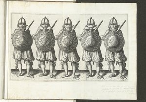 Kalkan ve Diken Alıştırması: Sağ Eldeki Meç ve Kalkan Göğsün Önünde (No. 32), 1618 Nassausche Wapen-Handelinge, van Schilt, Spies, Rappier andde Targe: beyde figuerlick tasviri by Adam van Breen