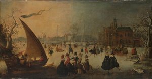 Donmuş Kanal, Patenciler ve Bir Buz Teknesi ile manzara by Adam van Breen