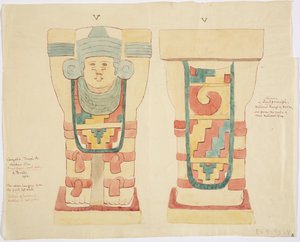 Dış odadan Caryatid, Jaguarların Üst Tapınağı (Tapınak A), top sahası, Chichen Itza (suluboya) by Adela Breton