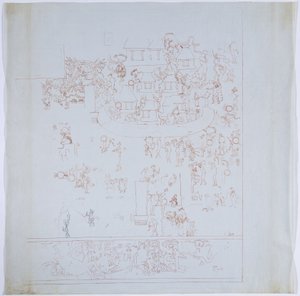 Batı duvarından tam bir duvar resminin kopyası, Jaguarların Üst Tapınağı, Chichen Itza, Meksika Batı duvarındaki iç oda Kırmızı mürekkeple çizilmiş (kırmızı ve siyah mürekkep ve grafit) by Adela Breton