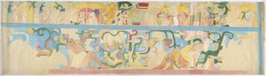 Güney batı duvarından bir duvar resminin kopyası, Jaguarların Yukarı Tapınağı, Chichen Itza, Meksika (sulu boya ve gövde rengi) by Adela Breton