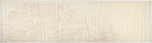 Batı duvarının güney panelinden bir duvar resminin izinin kopyası, iç tapınak, Jaguarların Yukarı Tapınağı, Chichen Itza, Meksika (kırmızı mürekkep) by Adela Breton