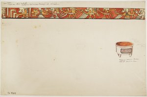 Üçayaklı bir vazonun (grotesk figürleri gösteren) iç bordürü ve dikdörtgenler içinde desenli beyaz bir kap (suluboya) by Adela Breton