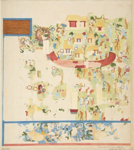 Batı duvarının kuzey ucundan duvar resminin çeyrek ölçekli kopyası, Jaguarların Üst Tapınağı, Chichen Itza, Meksika (suluboya) by Adela Breton