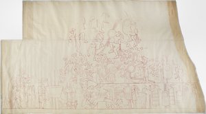 Güney tonoz tavanından bir duvar resminin izi, Jaguarların Üst Tapınağı, Chichen Itza, Meksika (kırmızı mürekkep) by Adela Breton