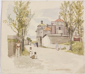 Kadın ve çocukların olduğu bir köy sokağının görünümü - Puebla (?), Meksika (suluboya ve grafit) by Adela Breton