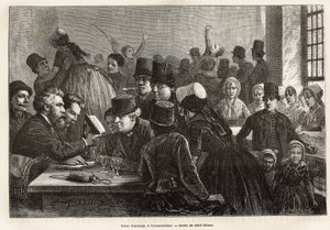 Scene d'auberge, bir Vrouwe-Polder (Vrouwe Polder), Adolf Dillens'in çiziminden sonra gravür, 1873'te Charles de Coster tarafından Zelande'ye (Neerlande) bir yolculuğu resmediyor, “” Le tour du monde”””de yayınlandı. 1874, Edouard Charton t