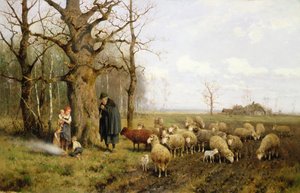 Manzarada Çoban ve Koyunlu Çocuklar (tuval üzerine yağlı boya) by Adolf Ernst Meissner