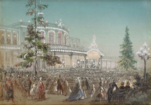 "Pavlovsk Tren İstasyonu Konser Salonunda Tsarskoe Selo Demiryolunun 25. Yıldönümü Kutlaması"", Adolf Charlemagne (1826-1901), karton üzerine guaj boya
