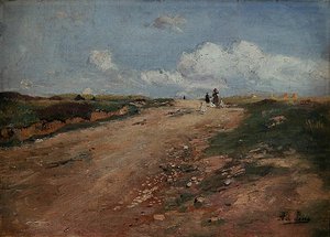 Bir kız ve kaz ile Schwalm Kırsal Yolu (tuval üzerine yağlıboya) by Adolf Lins
