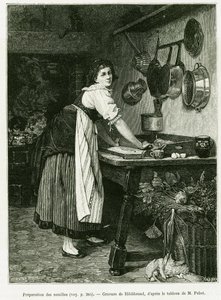 Erişte hazırlığı. Edouard Charton (1807-1890), Hachette, Paris tarafından yönetilen tur du monde 1888'de, 1887'de Alsace ve Lorraine Yoluyla A'yı göstermek için Hildibrand tarafından gravür. by Adolf von Hildebrand