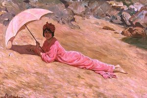 Sahilde pembe şemsiyeyle yatan kız (tuval üzerine yağlı boya)