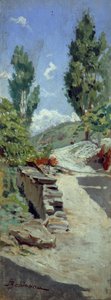 Tepelerde yol, Adolfo Belimbau (1845-1938), panel üzerine yağlı boya, 23x9 cm