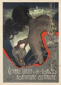 İtalyan aydınlatma tedarik firması Cesare Urtis & Co. of Torino için üretilen reklam afişi, 1889