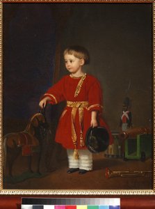 ""Askeri oyuncaklarla kırmızı elbiseli bir çocuğun portresi"" (Askeri oyuncaklarla kırmızı elbiseli bir çocuğun portresi) Resim Adolf Jebens (1819-1888) 1849 Sanat ve pedagojik oyuncak müzesi, Sergiyev Posad by Adolph Gebens