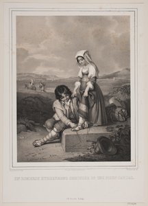 Romalı bir çoban, genç bir kızın sandaletini sarıyor. by Johan Adolph Kittendorff