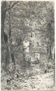Çamaşırcı Kadınla Manzara by Adolph Menzel