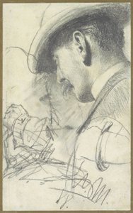 Bıyıklı ve şapkalı bir beyefendi ile bazı ayrıntılara ek olarak arkadan eğik olarak görülen eskiz sayfası by Adolph Menzel