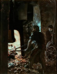 Buharlı çekiçte bir işçi ile otoportre by Adolph Menzel