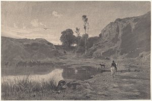 Gün Batımında Bir Dağ Göletinin Yanında Bir Binici by Adolphe Appian