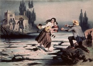 Eliza, Ohio nehrinin buz kütlelerini özgürlüğe geçerken, Charles Bour (1814-81) tarafından oyulmuş Harriet Beecher Stowe tarafından 