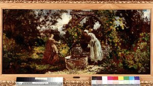 Kuyuda bir zarif ve hizmetçisi Resim Adolphe Monticelli (1824-1886) Dim. 34,5x69,5 cm Zorunlu Mansiyon: Provence, Marsilya