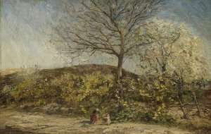Çiçek açan bir meyve bahçesi ile manzara by Adolphe Joseph Thomas Monticelli