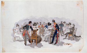Bir baloda (Bir Baloda). Arka planda dans pistinde süslü elbiseli kadınlar sandalyelere oturup memurlarla sohbet ediyor. Adolphe Ladurner (1798-1856), kağıt üzerine suluboya, 1830 dolaylarında tablo. Fransız sanatı