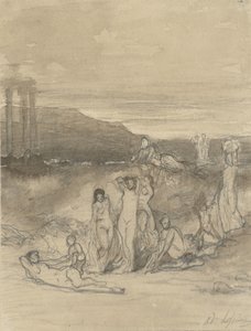 Yatan, ayakta duran ve oturan çıplak figürler ve bir tapınak harabesi ile klasik manzara by Adolphe René Lefèvre