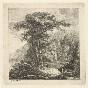 Ağaçlar, kale ve iki figür ile dağlık manzara by Adriaan Jacob Willem van Dielen