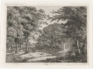 Ağaçlar ve keşiş okuma arasında şapel ile manzara by Adriaan Jacob Willem van Dielen
