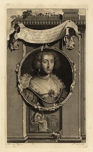 Elisabeth Stuart, Bohemya Kraliçesi, Pfalz Seçmeni, Kış Kralı V. Frederick'in eşi. Elisabeth, Reine de Boheme. Kolları yırtmaçlı, incili dantel yakalı elbise. Düşmüş bir tacı düşünen kadın skeçi. Bakır levha oyma