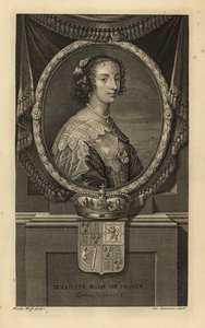 Fransa Kralı Henrietta Maria, İngiltere Kralı I. Charles'ın eşi. Henriette Marie de France. Dantel yakalı elbise, inci kolye. Taç ve arması ile. Isaac de Larrey'nin H'sinden Adriaen van der Werff'ten sonra Charles Simonneau'nun bakır le