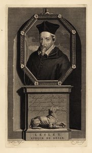 John Lesley, İskoç tarihçi ve Ross Piskoposu. Rosse Piskoposu. Anahtarlı köpek. Isaac de Larrey'nin Histoire d'Angleterre, d'Ecosse et d'Irlande, Amsterdam'dan Adriaen van der Werff'ten sonra Pieter Stevens van Gunst tarafından yapı