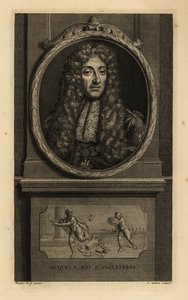 İngiltere Kralı II. James, İskoçya Kralı VII. Jacques Roy d'Angleterre. Peruk, dantel başörtüsü, Aziz George ve ejderha figürlü zincir. Vignette, bir Roma imparatorunun tacını bir askere kaptırdığını gösteriyor. Reklamdan sonra Jean Audran tarafından b