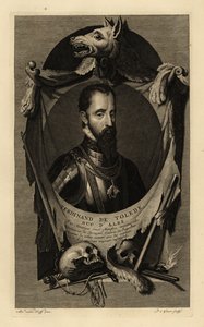 Ferdinand Alvarez de Toledo y Pimentel, 3. Alba Dükü veya Demir Dük'ün portresi. Altın Post düzenine sahip zincirli zırh takımı içinde. Kurt derisi, insan kafatasları, kılıç, hançer ve çakmaklı tabanca ile. Ferdinand de Tolede, Duc d'Albe. Bakır