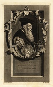 Winchester Piskoposu ve politikacı Stephen Gardiner'in portresi. Arması ile. Isaac de Larrey'nin Histoire d'Angleterre, d'Ecosse et d'Irlande, Reinier Leers, Rotterdam'dan Adriaen van der Werff'den sonra Pieter Stevens van Gunst