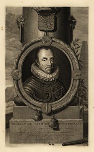 William I, Orange Prensi, William the Silent veya William the Suskun. Guillaume, Premiere Prince d'Orange. Dantel fırfırlı zırh takımı, üstte arma, çakmaklı tabanca ve aşağıda kurşun atış. Adriaen va'dan sonra Gerard Valck tarafından bakır levha gr