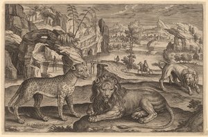 Bir Leopar ve İki Aslan by Adriaen Collaert