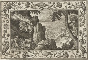 Daniel aslanın ininde İncil, mitolojik sahneler ve av sahneleri içeren manzaralar (dizi adı) by Adriaen Collaert