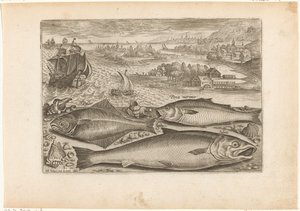 Sahilde üç balık Balık tutma (dizi adı) Piscium vivae simgeleri (seri başlığı) by Adriaen Collaert
