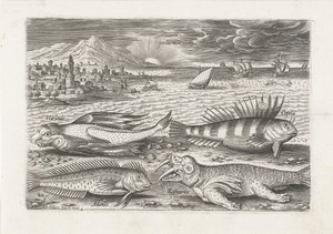 Sahilde biraz balık ve bir deniz aygırı Balık tutma (dizi adı) Piscivm vivae simgeleri (seri başlığı) by Adriaen Collaert