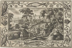 Geyik avı İncil, mitolojik sahneler ve av sahneleri içeren manzaralar (dizi adı) by Adriaen Collaert